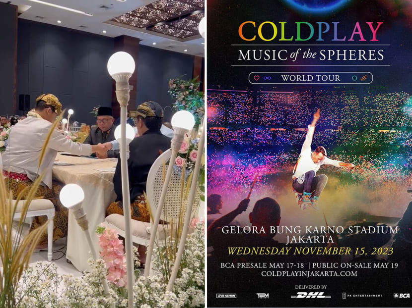 An Indonesian couple’s solemnisation ceremony (left) where a dowry was presented to the bride, who received tickets to watch British band Coldplay in concert (right).