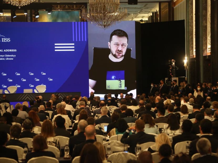 Ukrainian President Volodymyr Zelenskyy speaking virtually at the 19th Shangri-La Dialogue in Singapore on June 11, 2022.