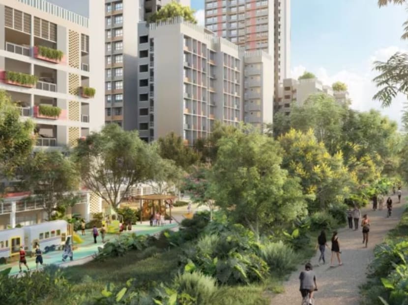 Artist's impression of 10-storey blocks at Tanglin Halt Cascadia with precinct facilities fronting the Rail Corridor bringing residents closer to nature.