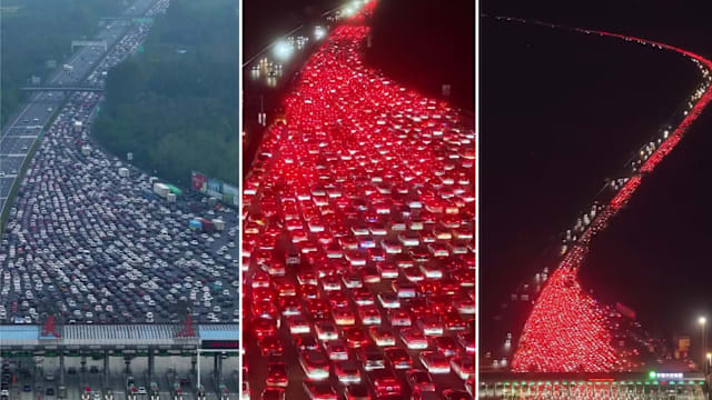 中国国庆中秋长假结束 各地高速出现堵车长龙