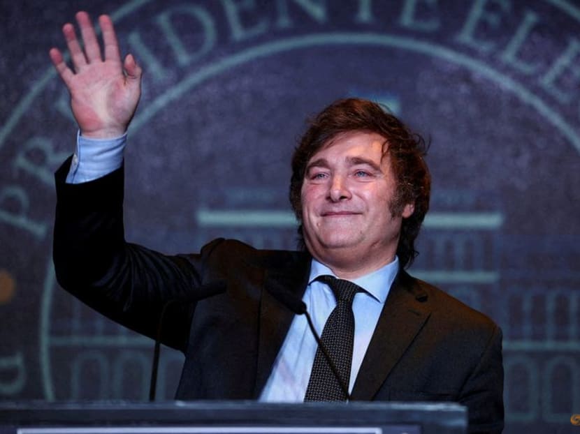 FILE PHOTO: Argentine president-elect Javier Milei addresses supporters after winning Argentina's runoff presidential election, in Buenos Aires, Argentina November 19, 2023. REUTERS/Agustin Marcarian/File Photo