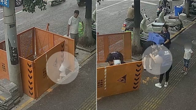 中国幼童一撑施工围栏坠深坑 九名店员合力救人