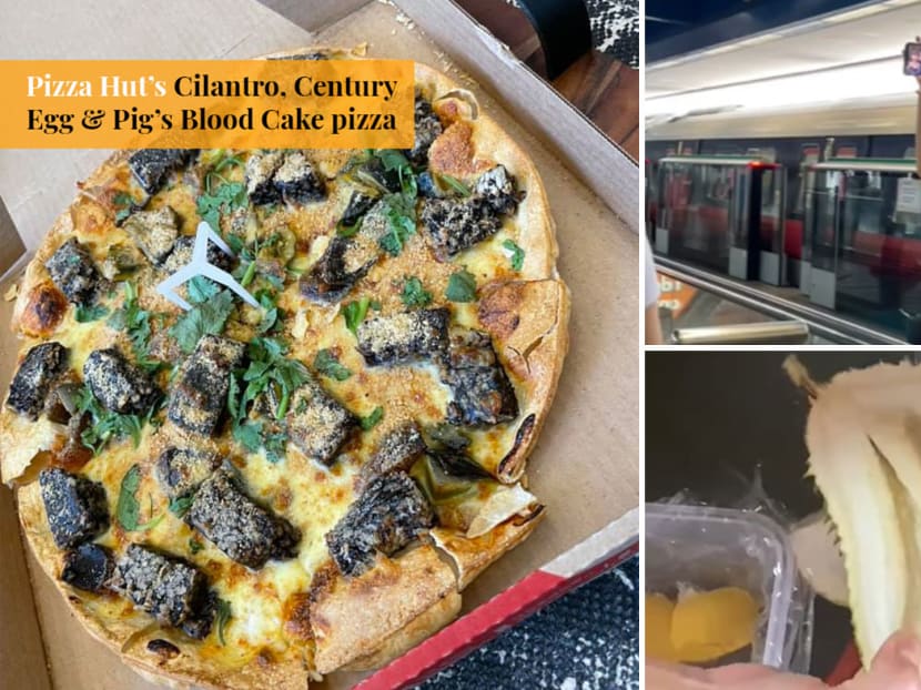 Pizza Hut launched a cilantro & pig’s blood pizza; a woman claims her Sheng Siong-purchased durians were fleshless. Pizza Hut launched a cilantro & pig’s blood pizza; a woman claims her Sheng Siong-purchased durians were fleshless.