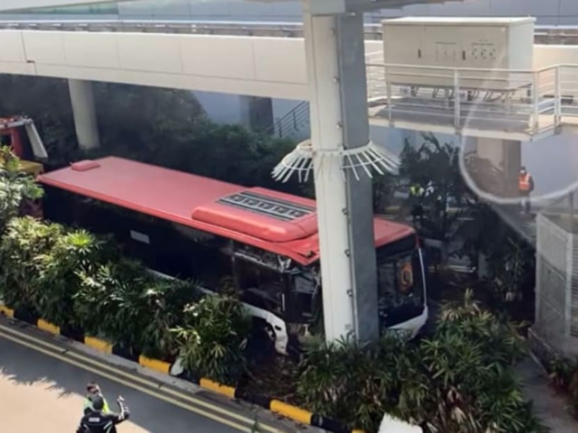 SBS Transit said that bus service 27 was exiting the basement of Terminal 3 towards Terminal 1 of Changi Airport when it mounted a kerb. SBS Transit said that bus service 27 was exiting the basement of Terminal 3 towards Terminal 1 of Changi Airport when it mounted a kerb.