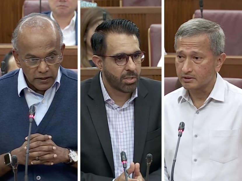 From left: Law and Home Affairs Minister K Shanmugam, Leader of the Opposition Pritam Singh and Foreign Affairs Minister Vivian Balakrishnan speaking in Parliament on Aug 2, 2023.