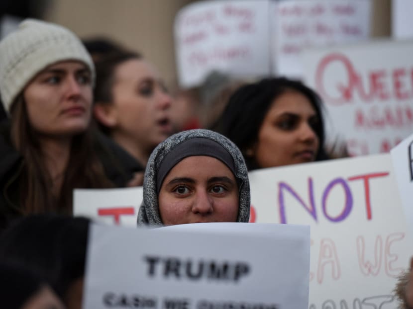 People participate in a protest against President Donald Trump's travel ban at Columbia University in New York City on Jan 30, 2017. Photo: Reuters
