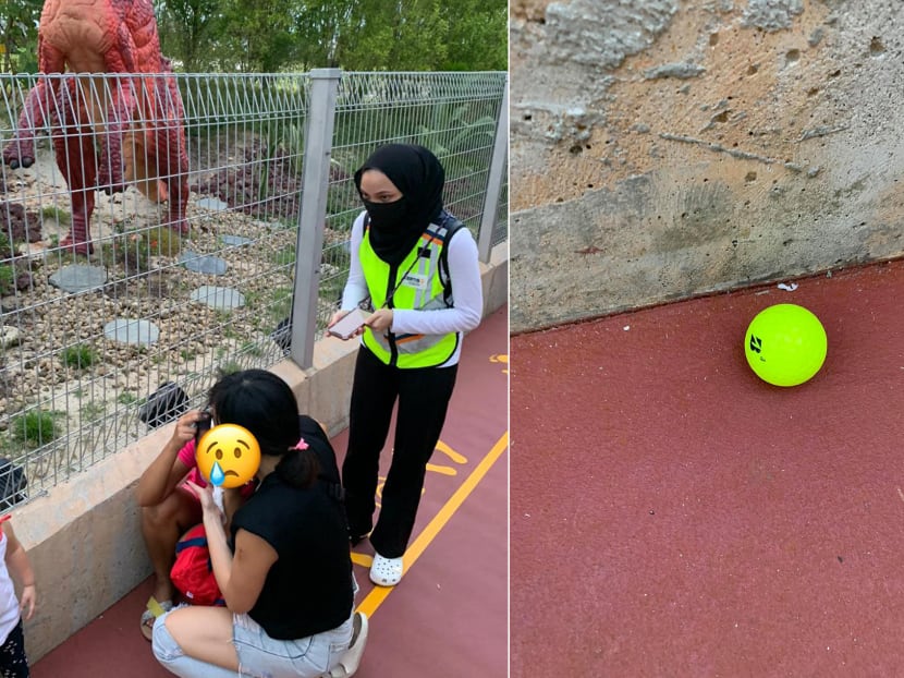 Left: A photograph of the domestic helper, with her face obscured, sitting on the path just after she was hit by a stray golf ball on Oct 22, 2020 at Jurassic Mile near Changi Airport. Right: The offending golf ball.