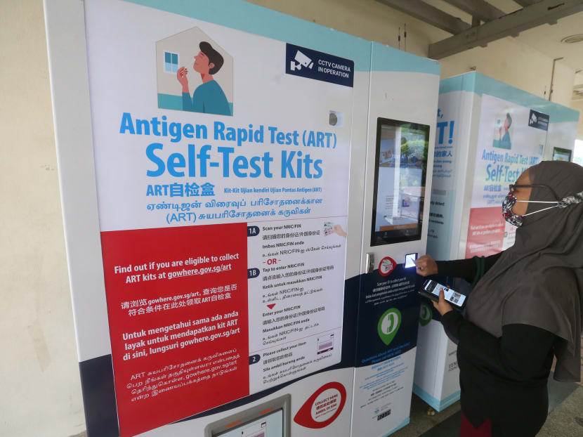 Two vending machines dispensing antigen rapid test kits at Block 363 Woodlands Avenue 5, outside Woodgrove Zone 8 Residents' Committee, on Sept 19, 2021. Two vending machines dispensing antigen rapid test kits at Block 363 Woodlands Avenue 5, outside Woodgrove Zone 8 Residents' Committee, on Sept 19, 2021.