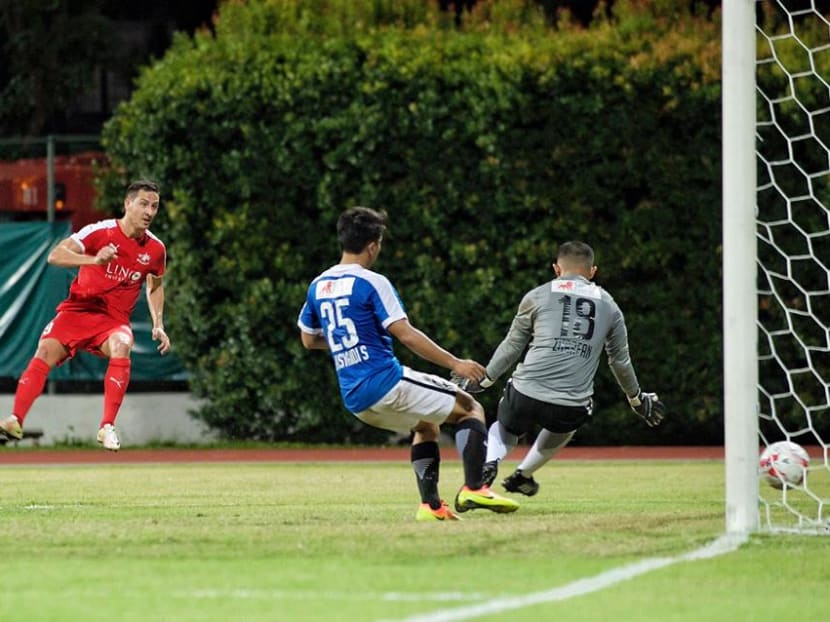 Stipe Plazibat was in deadly form against the Garena Young Lions, slamming four goals on home ground in Home's 6-1 romp. Photo: Home United