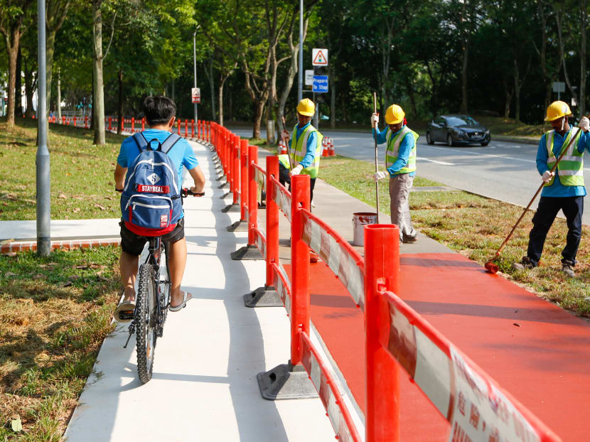 A cyclist rides by as the shared path along Saujana Road, in the Bukit Panjang area, is painted by workers on March 11, 2020. A cyclist rides by as the shared path along Saujana Road, in the Bukit Panjang area, is painted by workers on March 11, 2020.