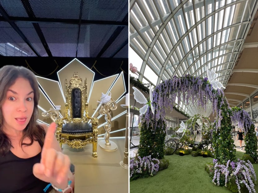 Taylor Swift fan Teresa C Herman (left) expressing amazement at the installations featured in Marina Bay Sands' Eras Tour Trail held in conjunction with the American singer's tour in Singapore.