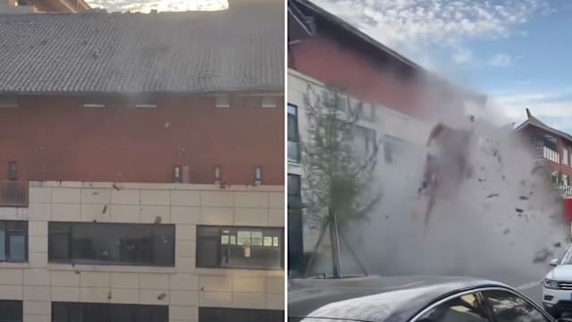 中国河北建筑屋顶突坍塌 瓦片如雨倾泻而下