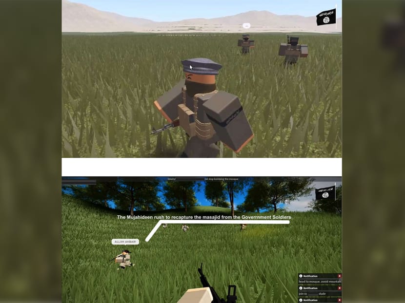 A screenshot of an Islamic State of Iraq and Syria propaganda video created by a 16-year-old radicalised youth using the Roblox online gaming platform. A screenshot of an Islamic State of Iraq and Syria propaganda video created by a 16-year-old radicalised youth using the Roblox online gaming platform.