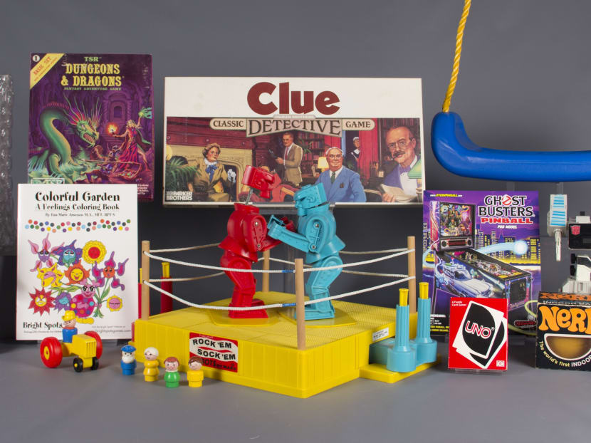 The 12 finalists for induction into the National Toy Hall of Fame: bubble wrap, Care Bears, Clue, coloring books, Dungeons & Dragons, Fisher-Price Little People, Nerf, pinball, Rock 'Em Sock 'Em Robots, swing, Transformers, and Uno. Photo: The Strong National Toy Hall of Fame via AP