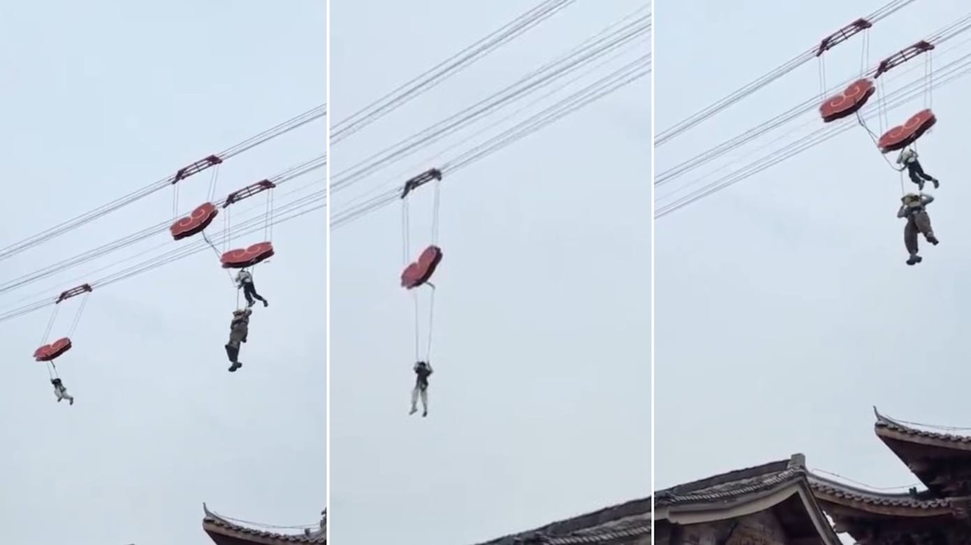 中国景区“飞天索道”故障　一家三口高空被困获救