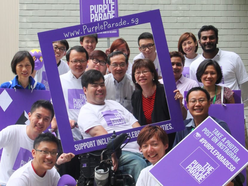Purple Parade’s adviser Denise Phua (in black), who is also MP for Moulmein-Kallang GRC, with members of the event’s organising committee. Photo: Don Wong