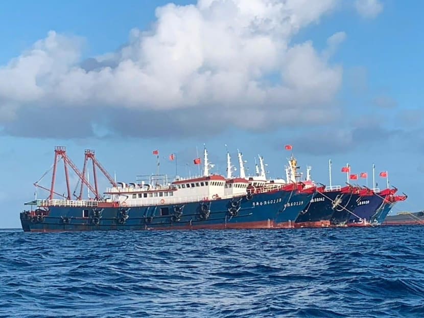 Chinese vessels anchored at Whitsun Reef, some 320km west of Palawan Island in the South China Sea on March 31, 2021.