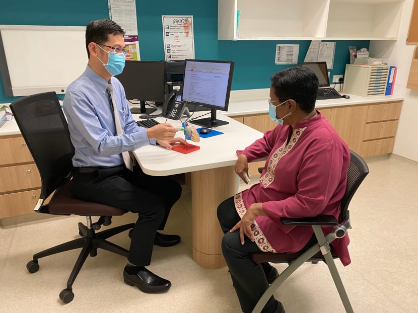 One of the researchers, Associate Professor David Sim of the National Heart Centre Singapore, with one of the participants in the study, Madam Sumuthi Nadesan. One of the researchers, Associate Professor David Sim of the National Heart Centre Singapore, with one of the participants in the study, Madam Sumuthi Nadesan.