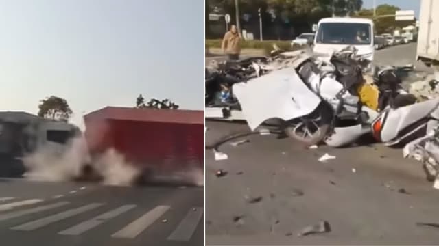 失控撞货柜车散成“一堆零件” 比亚迪车祸酿一死