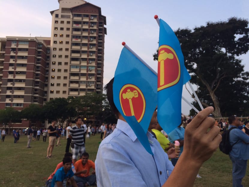 Workers’ Party supporters gathering before WP’s first rally at Hougang Central, on Sept 2, 2015. Photo: Jason Quah