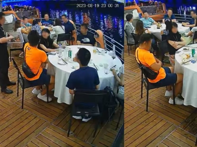 (Left) A Seafood Paradise employee showing Ms Junko Shinba and her group a live Alaskan King Crab before preparation. (Right) The diners finished their meal.