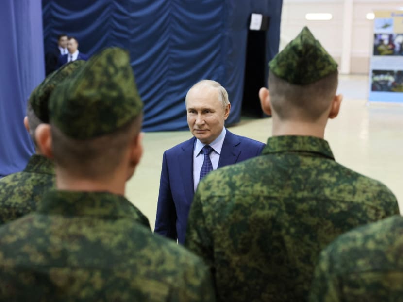 In this pool photograph distributed by the Russian state agency Sputnik, Russia's President Vladimir Putin visits the 344th Army Aviation Centre of aircrews combat training and transition in Torzhok in the Tver region on March 27, 2024. In this pool photograph distributed by the Russian state agency Sputnik, Russia's President Vladimir Putin visits the 344th Army Aviation Centre of aircrews combat training and transition in Torzhok in the Tver region on March 27, 2024.