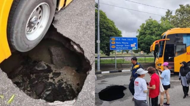 马国槟城道路出现地洞 校车轮胎被“吞”