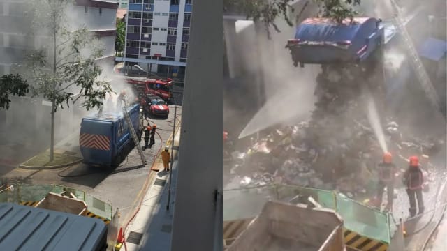 白沙组屋区环保回收车起火 现场留下“垃圾山”
