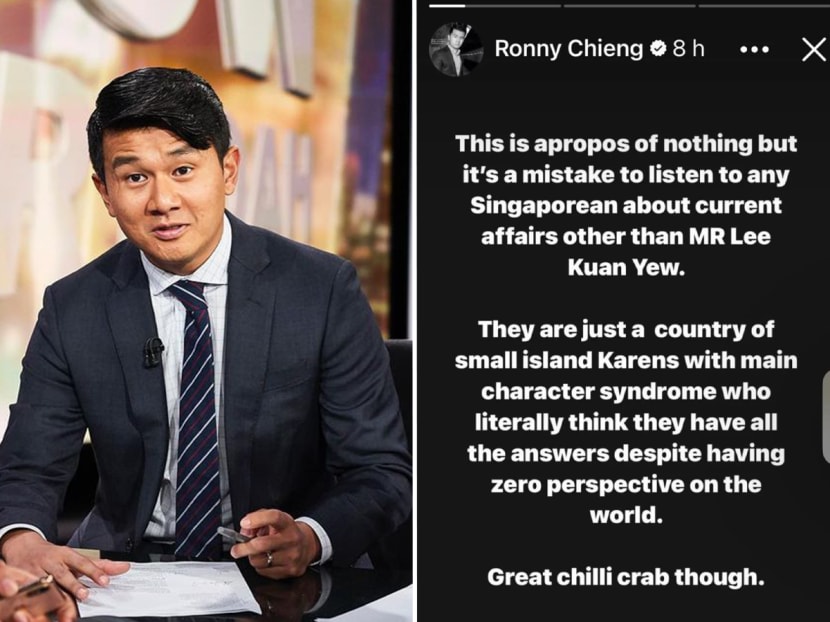 Malaysian comedian Ronny Chieng (left) took a swipe at Singaporeans on Instagram (right) on March 21, 2024.
