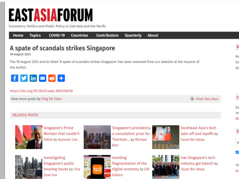 A screenshot of the East Asia Forum website late on Sept 18, 2023 showed that an article written by Dr Chan Ying-Kit has been removed.
