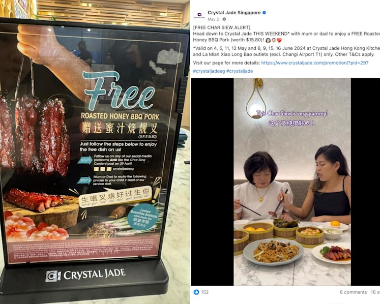 Free char siew offer at Crystal Jade outlets splits patrons — some say it 'demeans' kids, others find it funny
