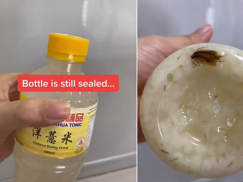 Images taken from a video showing a sealed bottle of barley drink that has a cockroach inside it.