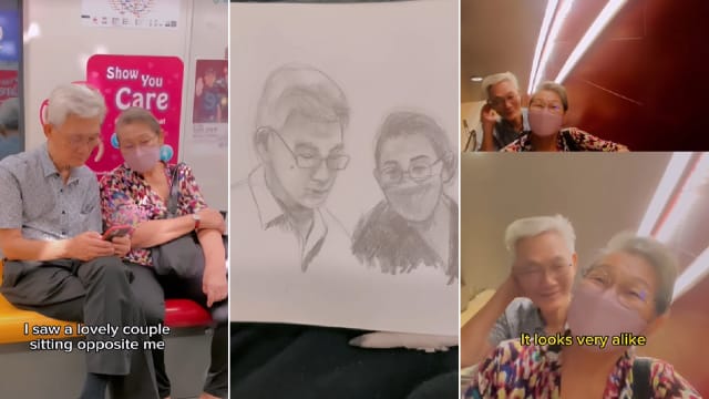 男大生地铁素描赠老夫妻 两人乐得眉开眼笑 