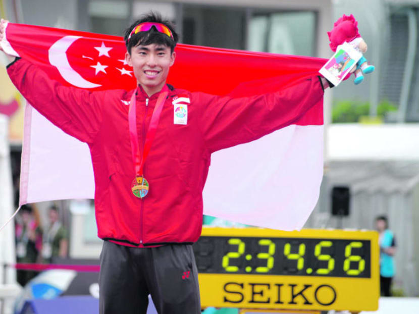 National marathoner Mr Soh Rui Yong pictured after winning the SEA Games men's marathon final in Singapore in 2015.