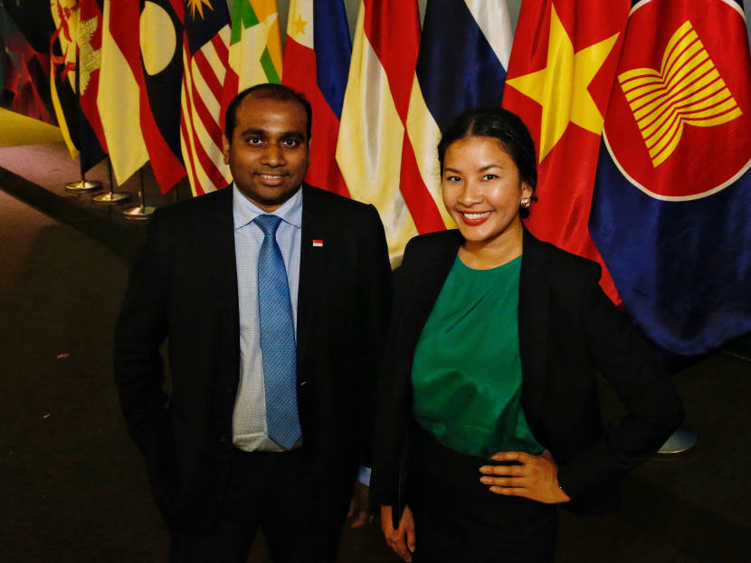 (L to R) Vishnuvarthan s/o Balakrishnan and Nadira Binte Mohamed Aslam. They are two of the MFA officers involved in the 33rd ASEAN Summit and Related Summits.