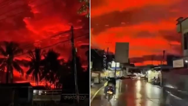 印尼天空呈罕见血红色 居民担忧自然灾害降临