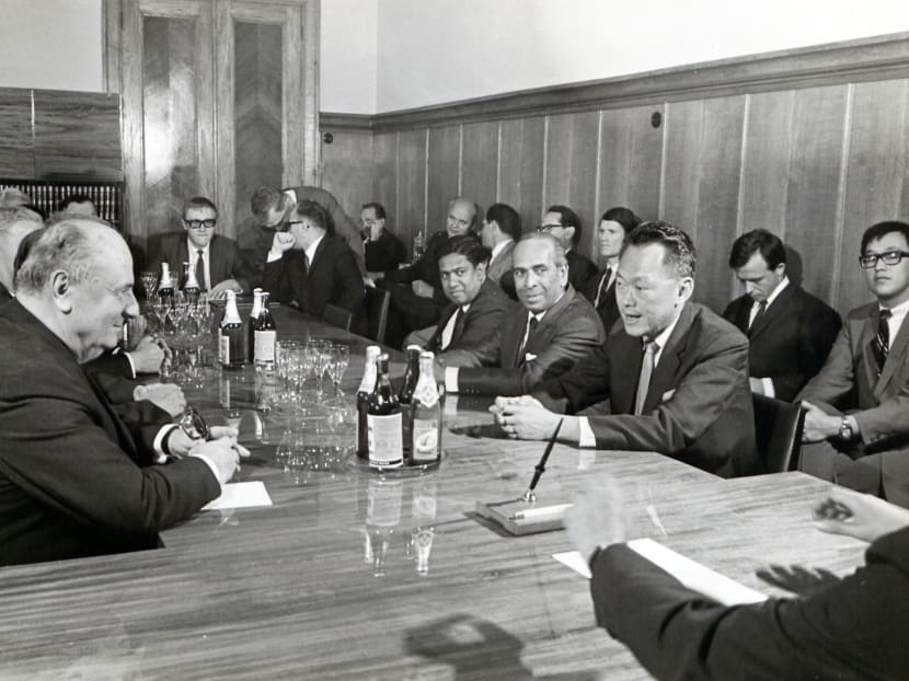 Mr SR Nathan at the negotiating table with Foreign Minister S Rajaratnam and Singapore's first Prime Minister Lee Kuan Yew during a visit to Russia in 1970. Photo: Mr Nathan's personal collection