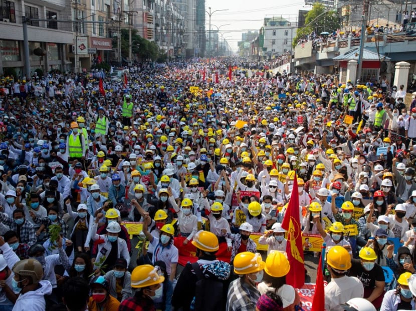 In this file photo taken on Feb 22, 2021, protesters take part in a demonstration against the military coup in Mandalay. In this file photo taken on Feb 22, 2021, protesters take part in a demonstration against the military coup in Mandalay.