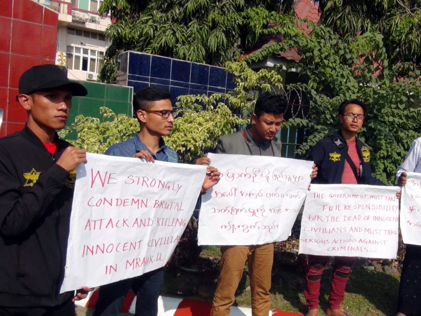 Rakhine State residents protest after a local gathering in Mrauk U celebrating an ancient Buddhist Arakan kingdom turned violent and many were killed and injured, in Sittwe, Myanmar on Jan 17. Photo: Reuters