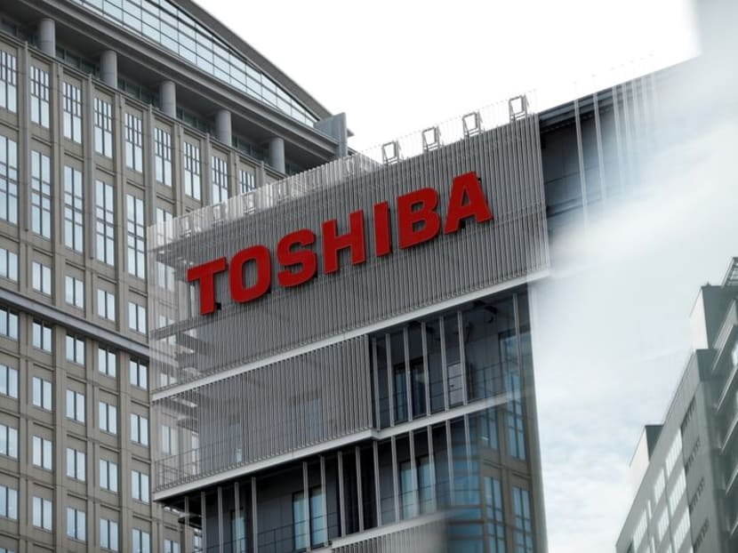 FILE PHOTO: The logo of Toshiba Corporation is displayed at the company's building in Kawasaki, Japan, April 5, 2023. REUTERS/Androniki Christodoulou/File Photo