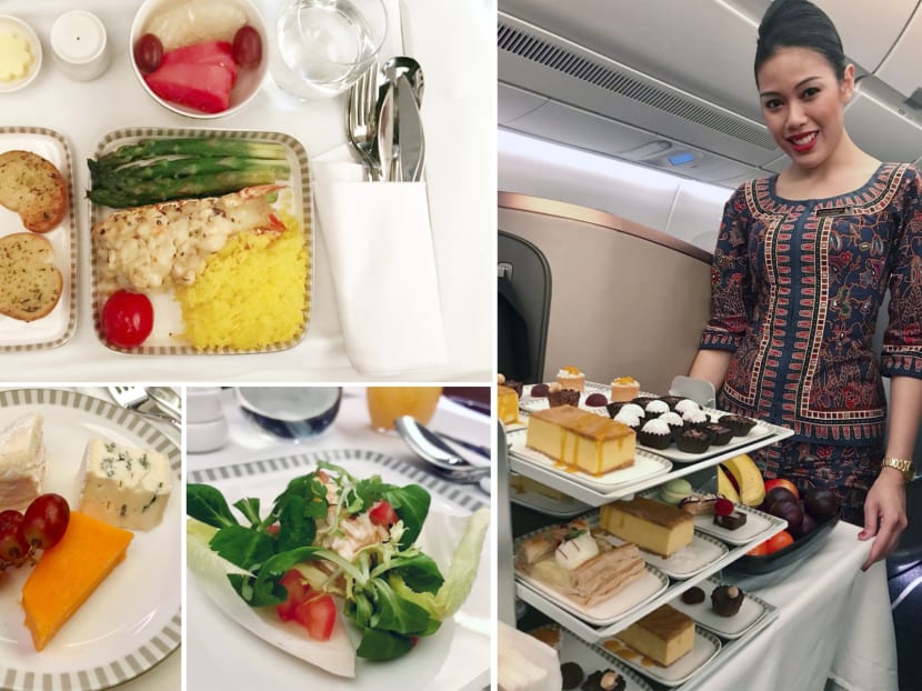 (Clockwise from top left) Lobster thermidor, the dessert trolley, crab salad and cheese platter.