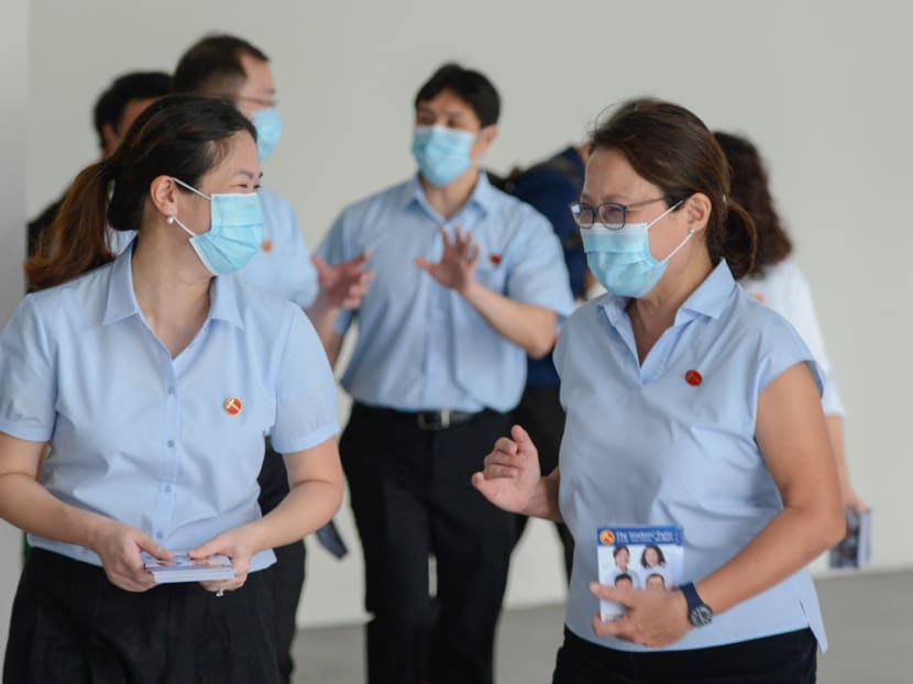 WP’s Sengkang GRC candidate He Ting Ru (left) and WP chairman Sylvia Lim (right) at Rivervale Plaza on July 7, 2020.
