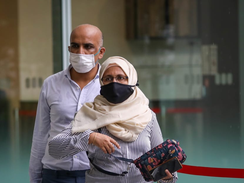 Syed Mohamed Peeran Syed Ameer Hamza (left) and Sabah Parveen outside the State Courts on June 7, 2021. Syed Mohamed Peeran Syed Ameer Hamza (left) and Sabah Parveen outside the State Courts on June 7, 2021.