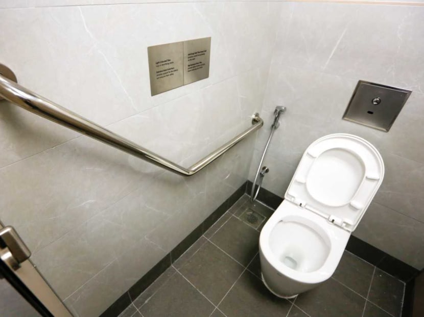 Grab bars in the new "model" public toilet in Bukit Panjang designed to make the toilet safer for the eldery. Grab bars in the new "model" public toilet in Bukit Panjang designed to make the toilet safer for the eldery.