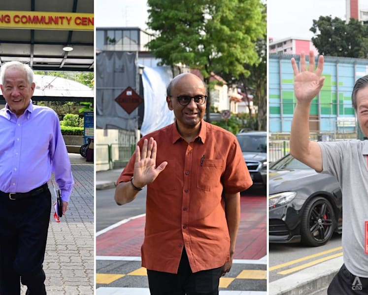 Presidential candidates Ng Kok Song, Tharman Shanmugaratnam and Tan Kin Lian cast their votes