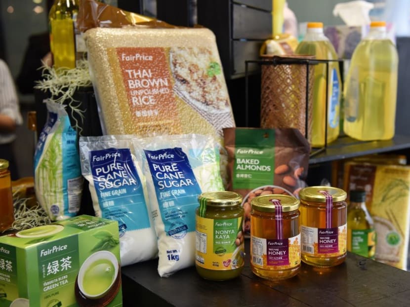 A display of part of the refreshed NTUC FairPrice housebrand range at the official launch on Tuesday (Oct 8).