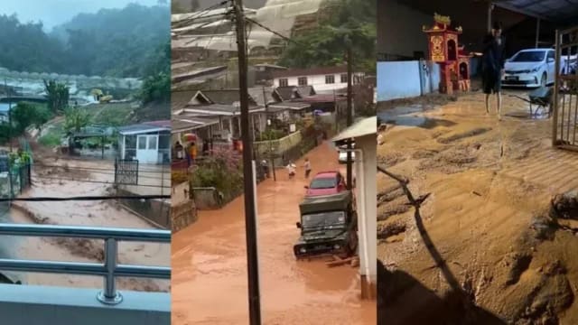 马国金马仑高原爆发山洪 黄泥浆水涌入甘榜深及膝盖