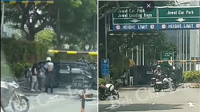 星耀樟宜附近汽车侧翻 石墩被撞断