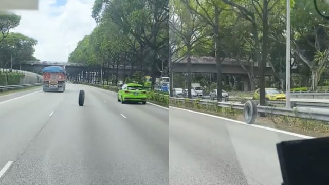 重型车辆轮胎脱落公路上滚动 画面十分惊险