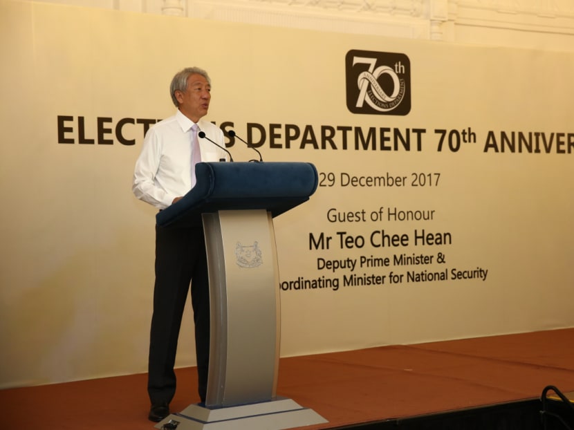Speaking at the 70th anniversary celebrations of the Elections Department, Deputy Prime Minister Teo Chee Hean announced that electronic registration will be implemented at polling stations. Photo: Nuria Ling